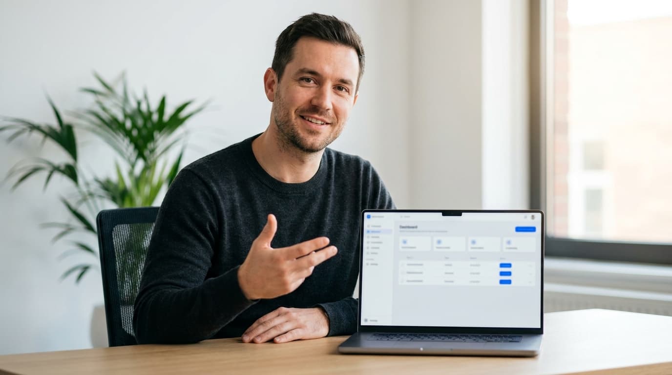 Mitarbeiter erklärt am Laptop, wie inbrix funktioniert