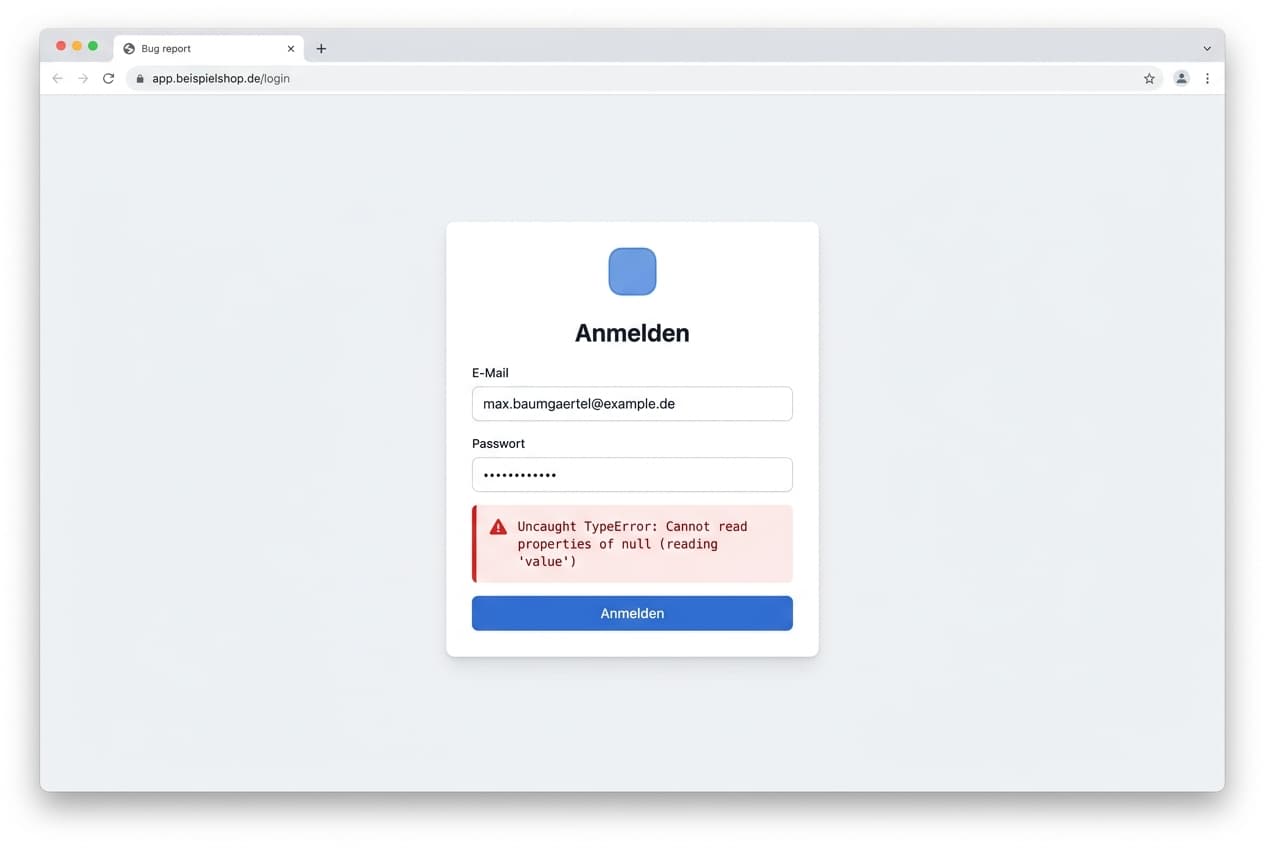 Screenshot einer Login-Seite mit einer JavaScript-Fehlermeldung